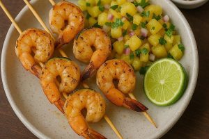 Kiawe Infused Shrimp Skewers with Pineapple Salsa